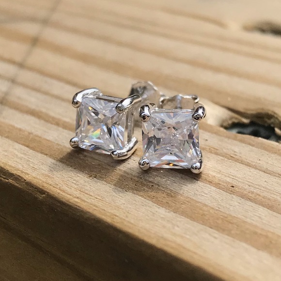 925 Silver Square Cut CZ Diamond Earrings - Picture 4 of 7